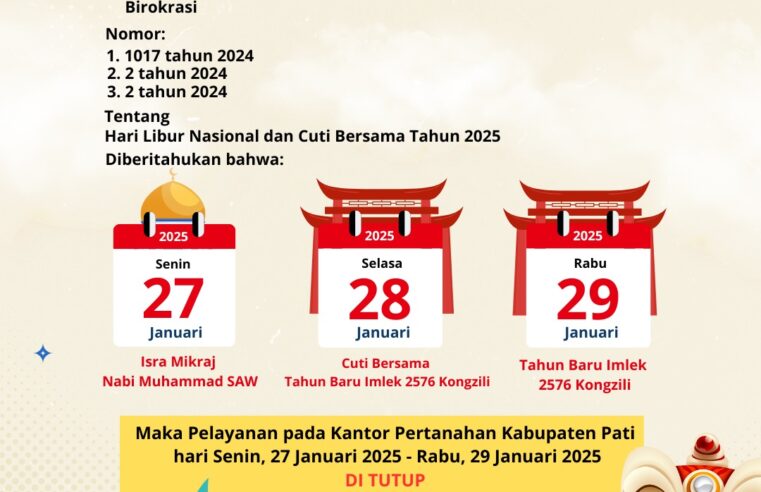 BPN Pati Libur Pelayanan dalam Rangka Hari Libur Nasional Isra’ Mi’raj dan Cuti Bersama Tahun Baru Imlek