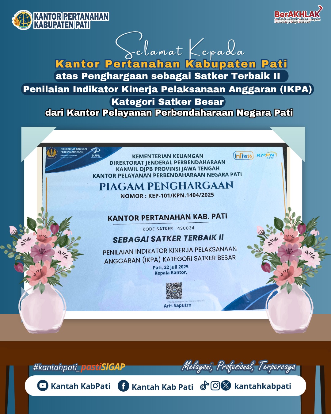 Kantor Pertanahan Kabupaten Pati Dapat Penghargaan IKPA: Satker Terbaik II Kategori Satker Besar