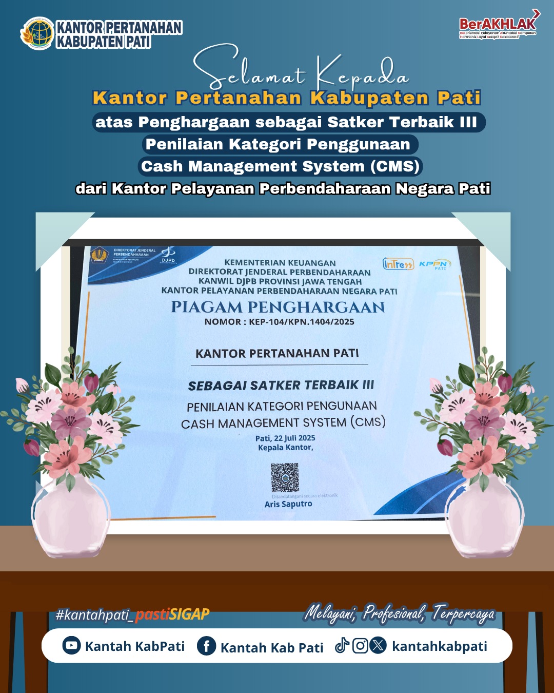 Kantor Pertanahan Kabupaten Pati Raih Predikat Satker Terbaik III dalam Penggunaan CMS