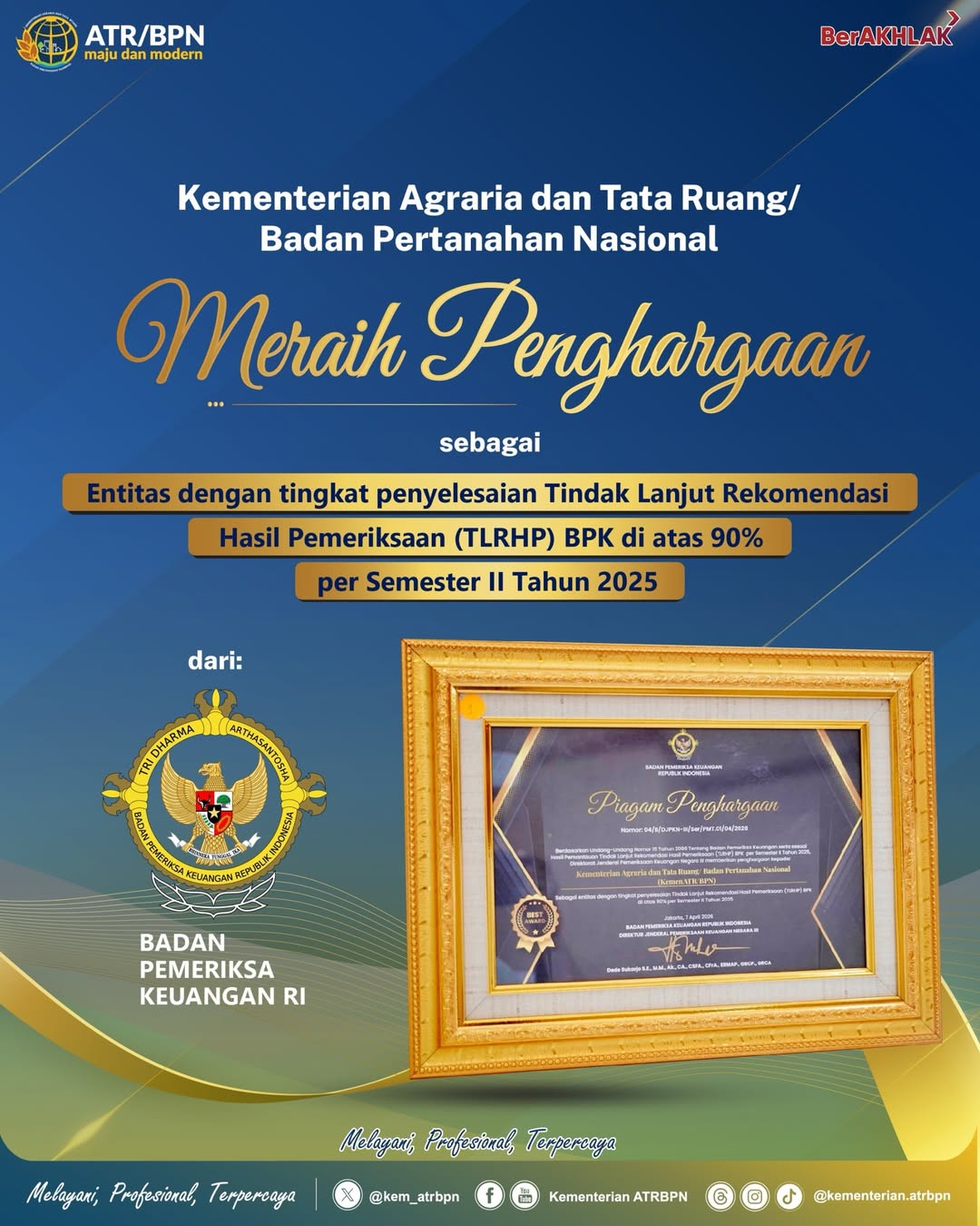 Kementerian ATR/BPN Raih Penghargaan dari Badan Pemeriksa Keuangan Republik Indonesia atas Capaian TLRHP di Atas 90 Persen