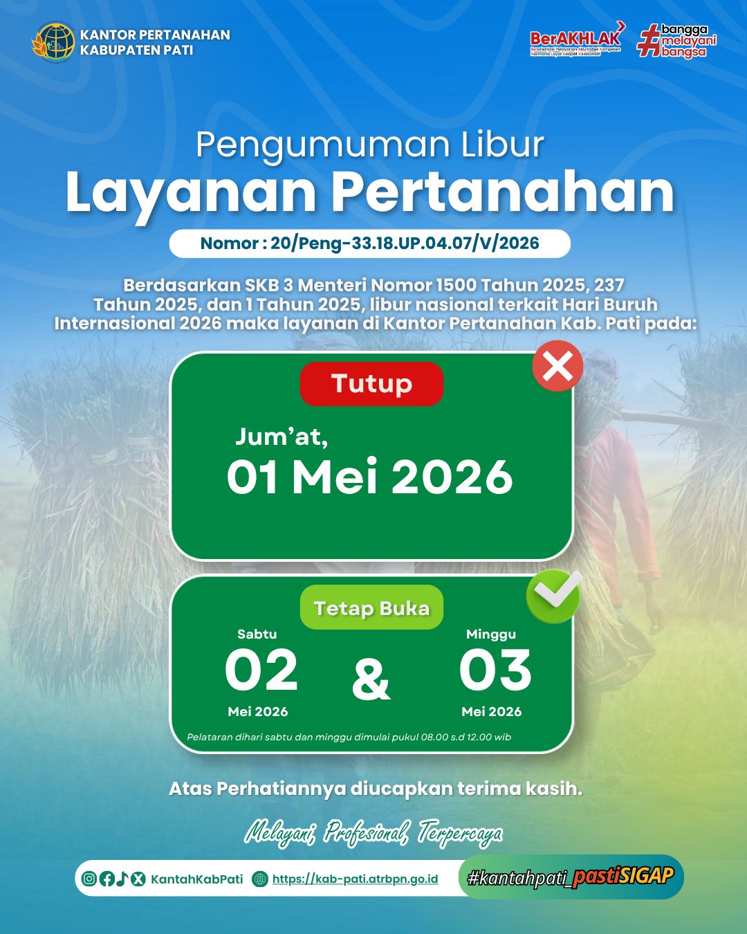 PENGUMUMAN LIBUR LAYANAN PERTANAHAN