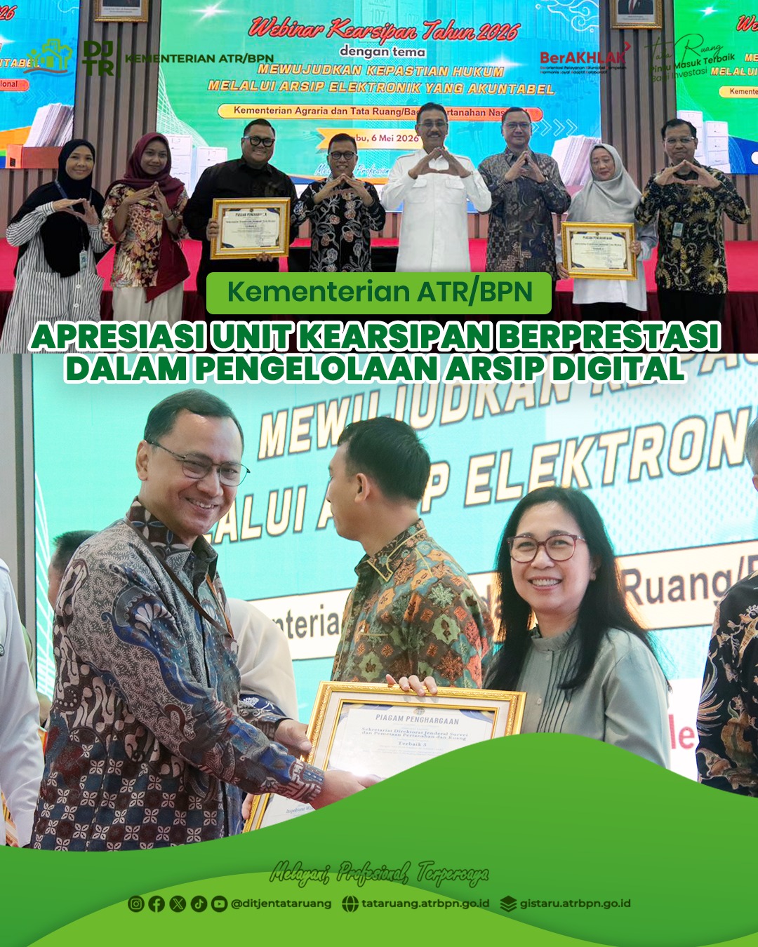 Kementerian Agraria dan Tata Ruang/Badan Pertanahan Nasional (ATR/BPN) menggelar webinar bertema “Mewujudkan Kepastian Hukum melalui Arsip Elektronik yang Akuntabel” serta pemberian penghargaan terhadap unit kearsipan dan unit pengolah terbaik satuan kerja pusat dan satuan kerja daerah