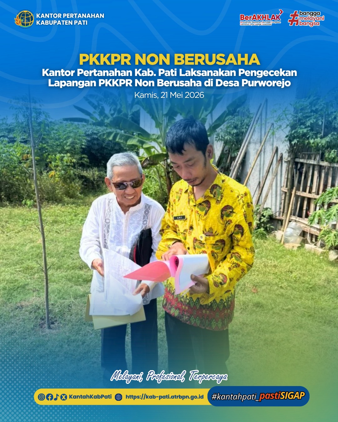 Kantor Pertanahan Kabupaten Pati melalui Seksi Penataan dan Pemberdayaan melaksanakan kegiatan pengecekan lapangan terkait Persetujuan Kesesuaian Kegiatan Pemanfaatan Ruang (PKKPR) Non Berusaha di Desa Purworejo, Kecamatan Margoyoso, Kabupaten Pati