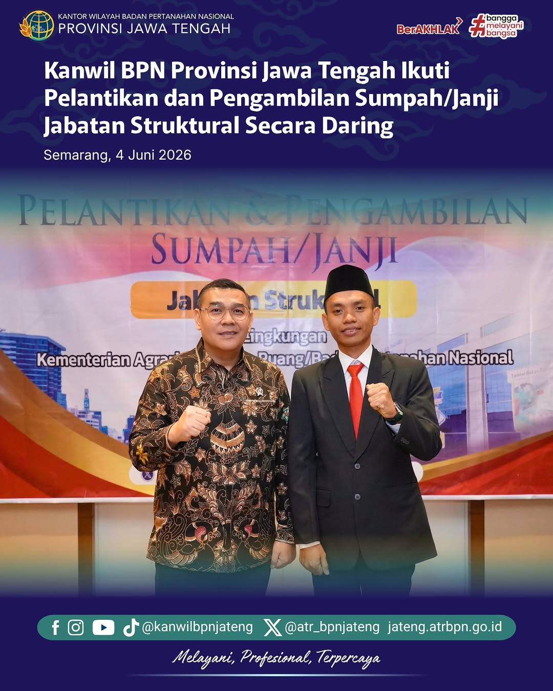 Kanwil BPN provinsi Jawa Tengah ikuti Pelantikan dan Pengambilan Sumpah/Janji Jabatan Struktural Secara Daring