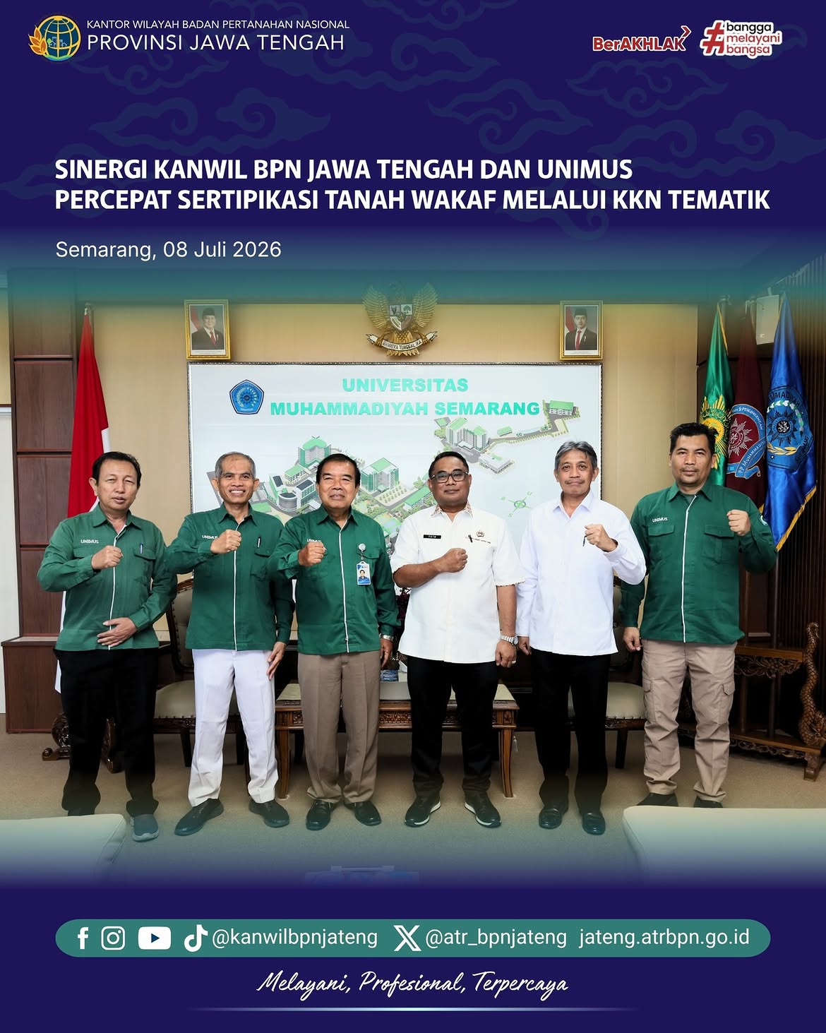 Komitmen mempercepat legalisasi aset keagamaan terus diperkuat melalui kolaborasi antara Kantor Wilayah BPN Provinsi Jawa Tengah dengan Universitas Muhammadiyah Semarang (UNIMUS)