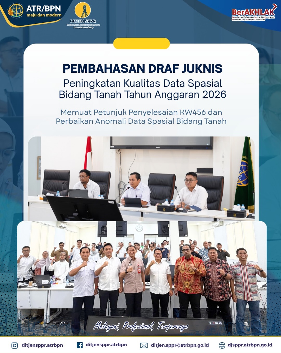 Direktorat Pengukuran dan Pemetaan Kadastral menyelenggarakan pembahasan Draf Petunjuk Teknis (Juknis) Peningkatan Kualitas Data Spasial Bidang Tanah Tahun Anggaran 2026. Kegiatan ini dilaksanakan selama 2 hari pada tanggal 1-2 Juli 2026.