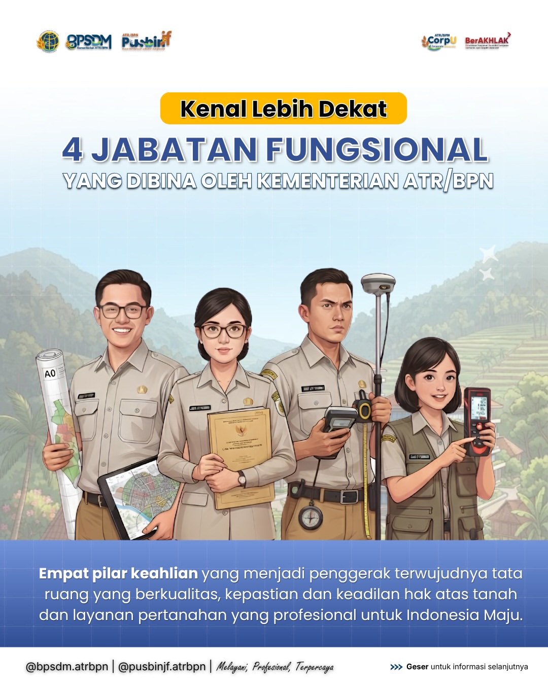 Tahukah kamu? Di balik layanan pertanahan dan penataan ruang di Indonesia, ada empat Jabatan Fungsional yang bekerja secara profesional dan saling melengkapi.