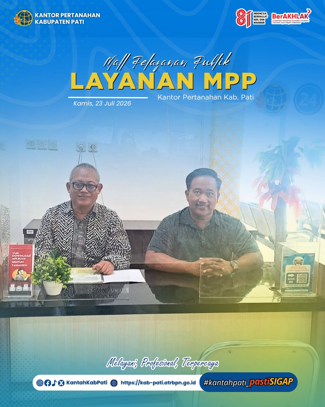 Kantor Pertanahan Kabupaten Pati terus berkomitmen meningkatkan kualitas pelayanan kepada masyarakat melalui penyediaan layanan pertanahan di Loket Mall Pelayanan Publik (MPP) Kabupaten Pati