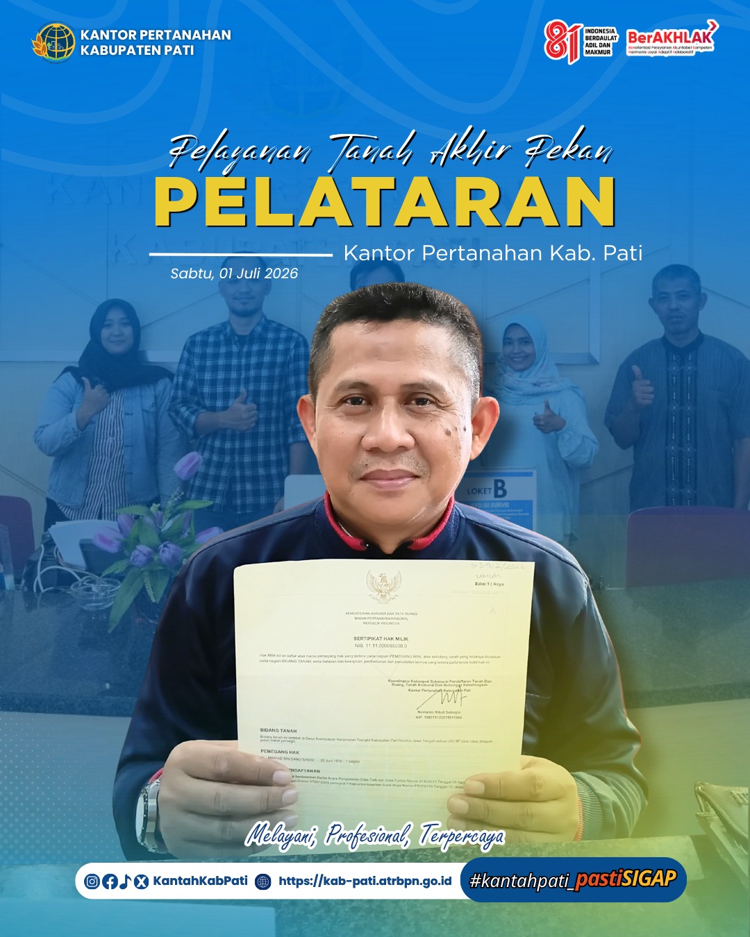 Kantor Pertanahan Kabupaten Pati kembali menghadirkan inovasi pelayanan publik melalui program PELATARAN (Pelayanan Pertanahan Akhir Pekan