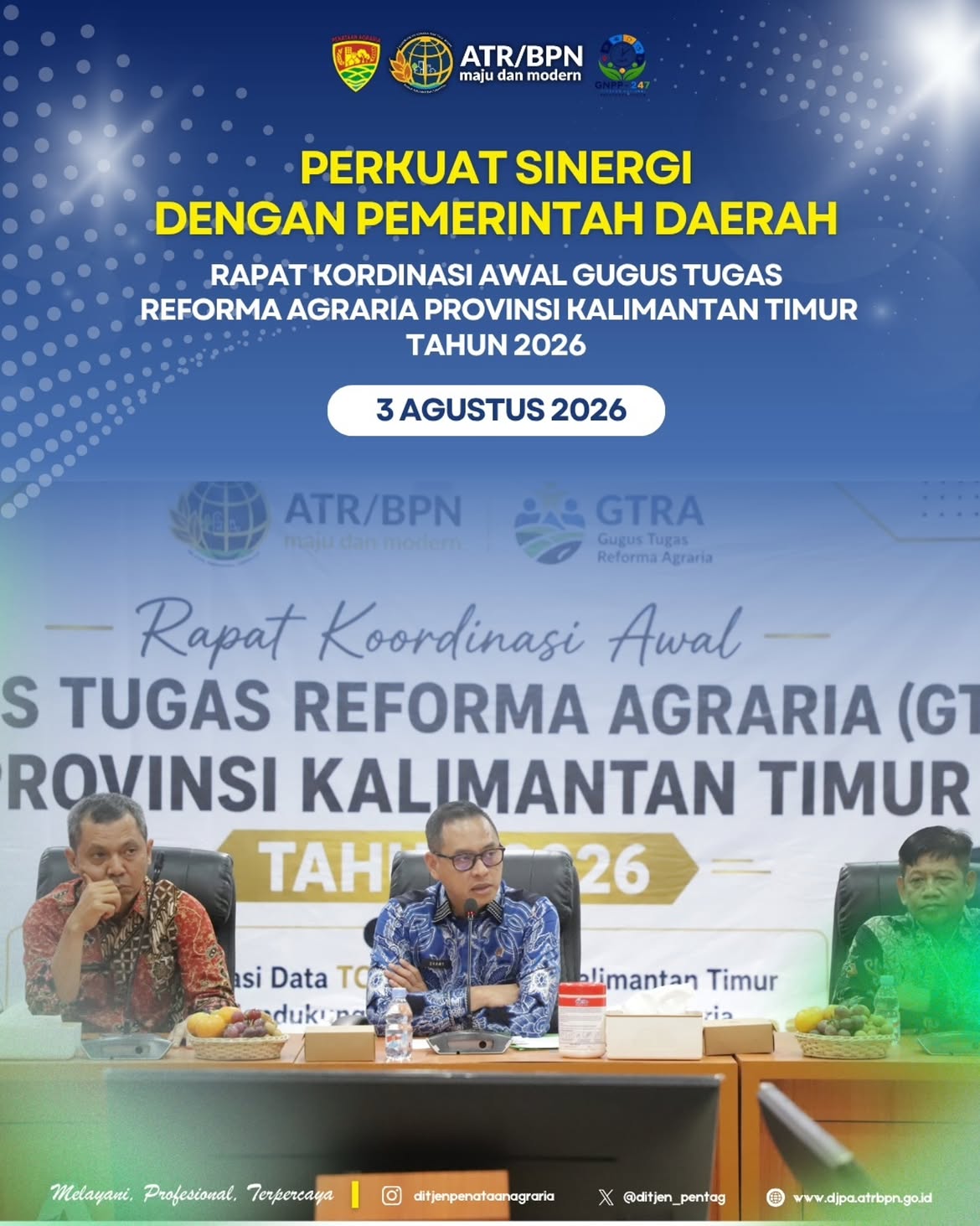 Direktorat Jenderal Penataan Agraria diwakilkan dengan Kepala Subdirektorat Penetapan Potensi Redistribusi Tanah, Mindasari, S.SiT., M.H. QRMP menghadiri Rapat Koordinasi (Rakor) Awal Gugus Tugas Reforma Agraria (GTRA) Provinsi Kalimantan Timur Tahun 2026 yang dilaksanakan di Kantor Wilayah BPN Provinsi Kalimantan Timur