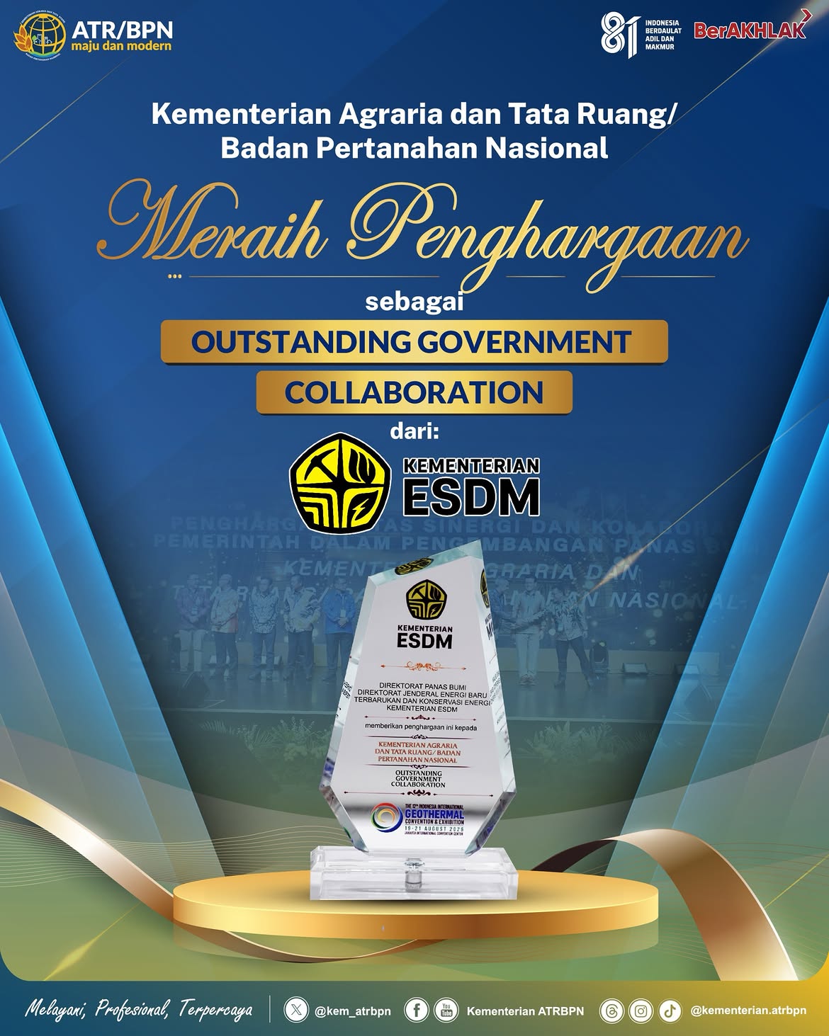 Halo #SobATRBPN! Kementerian ATR/BPN kembali menorehkan prestasi. Kali ini, kami meraih penghargaan sebagai Outstanding Government Collaboration dari Kementerian Energi dan Sumber Daya Mineral (ESDM).