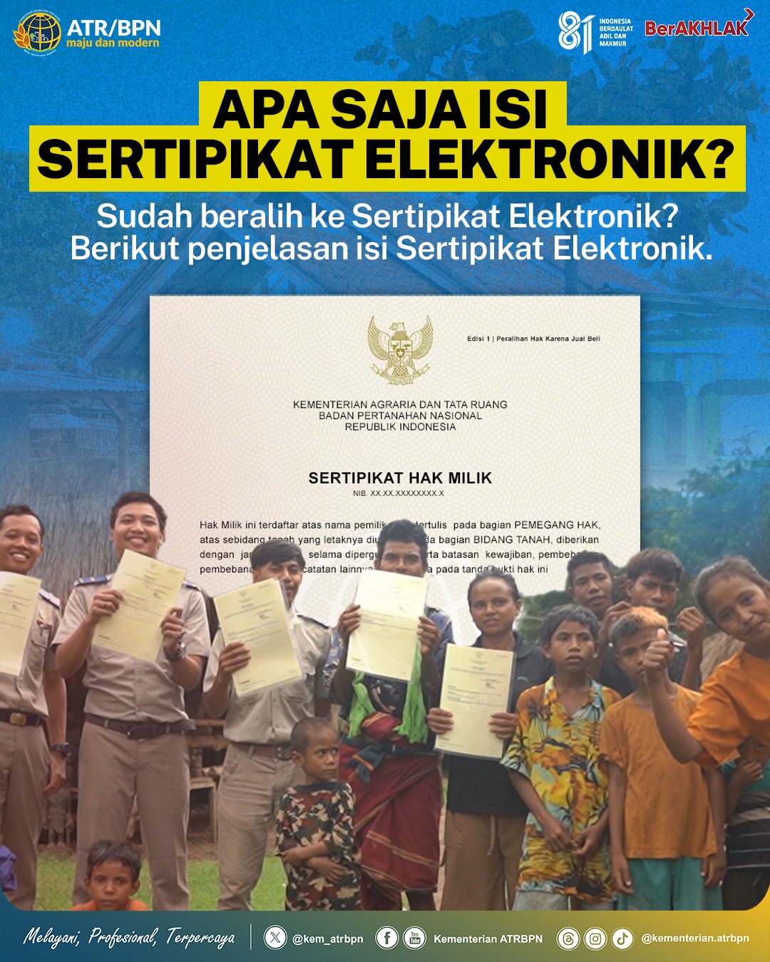 Halo #SobATRBPN! Transformasi digital terus menghadirkan berbagai inovasi untuk memudahkan layanan pertanahan, salah satunya melalui Sertipikat Elektronik.