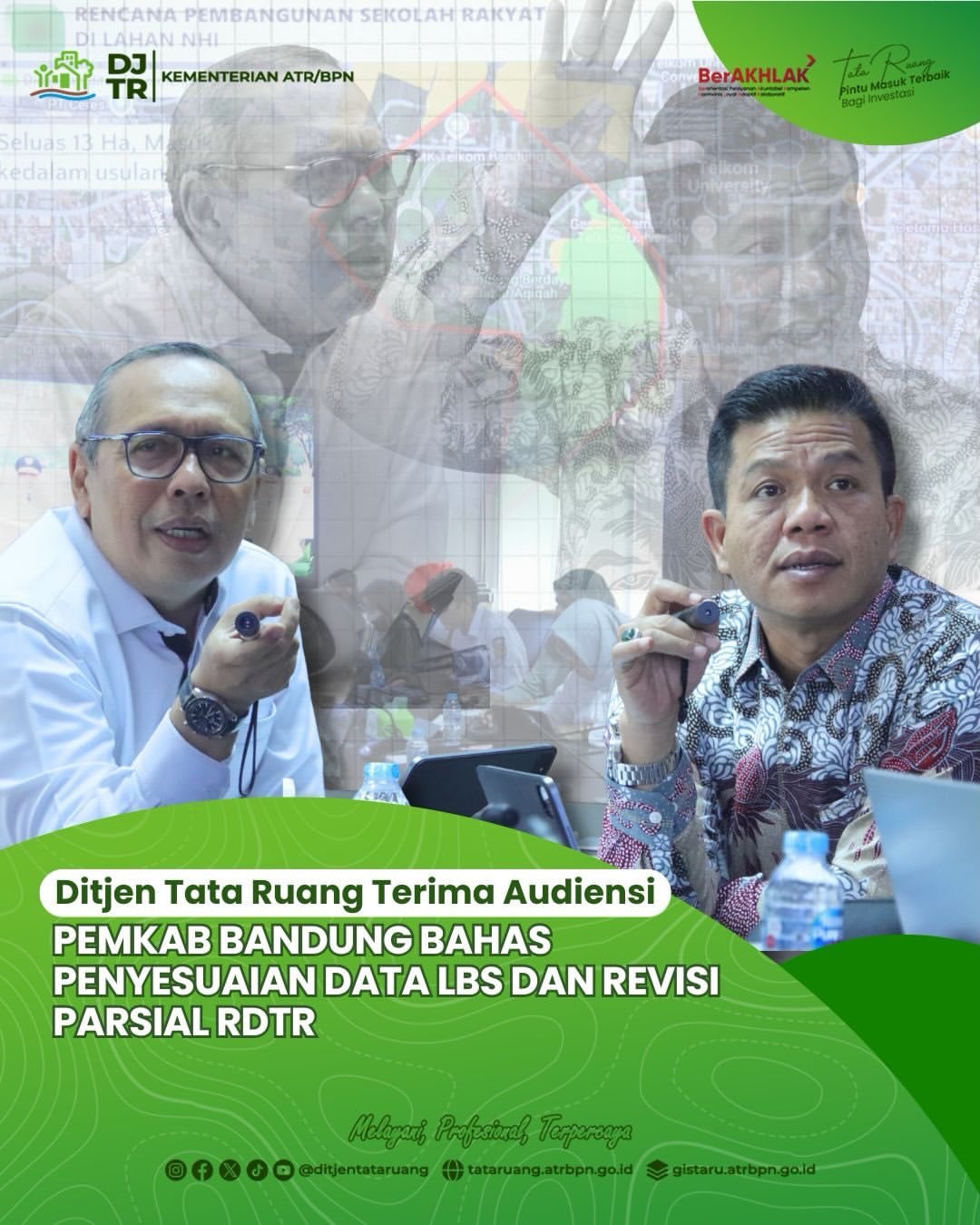 Direktorat Jenderal Tata Ruang Kementerian ATR/BPN menerima kunjungan Pemerintah Kabupaten (Pemkab) Bandung dalam rangka audiensi dengan beberapa pembahasan, di antaranya terkait Lahan Pertanian Pangan Berkelanjutan (LP2B) Kabupaten Bandung, serta penyesuaian tata ruang guna mengakomodasi perizinan investasi di Kabupaten Bandung. Audiensi ini berlangsung di Ruang Rapat Bromo, Gedung Direktorat Jenderal Tata Ruang