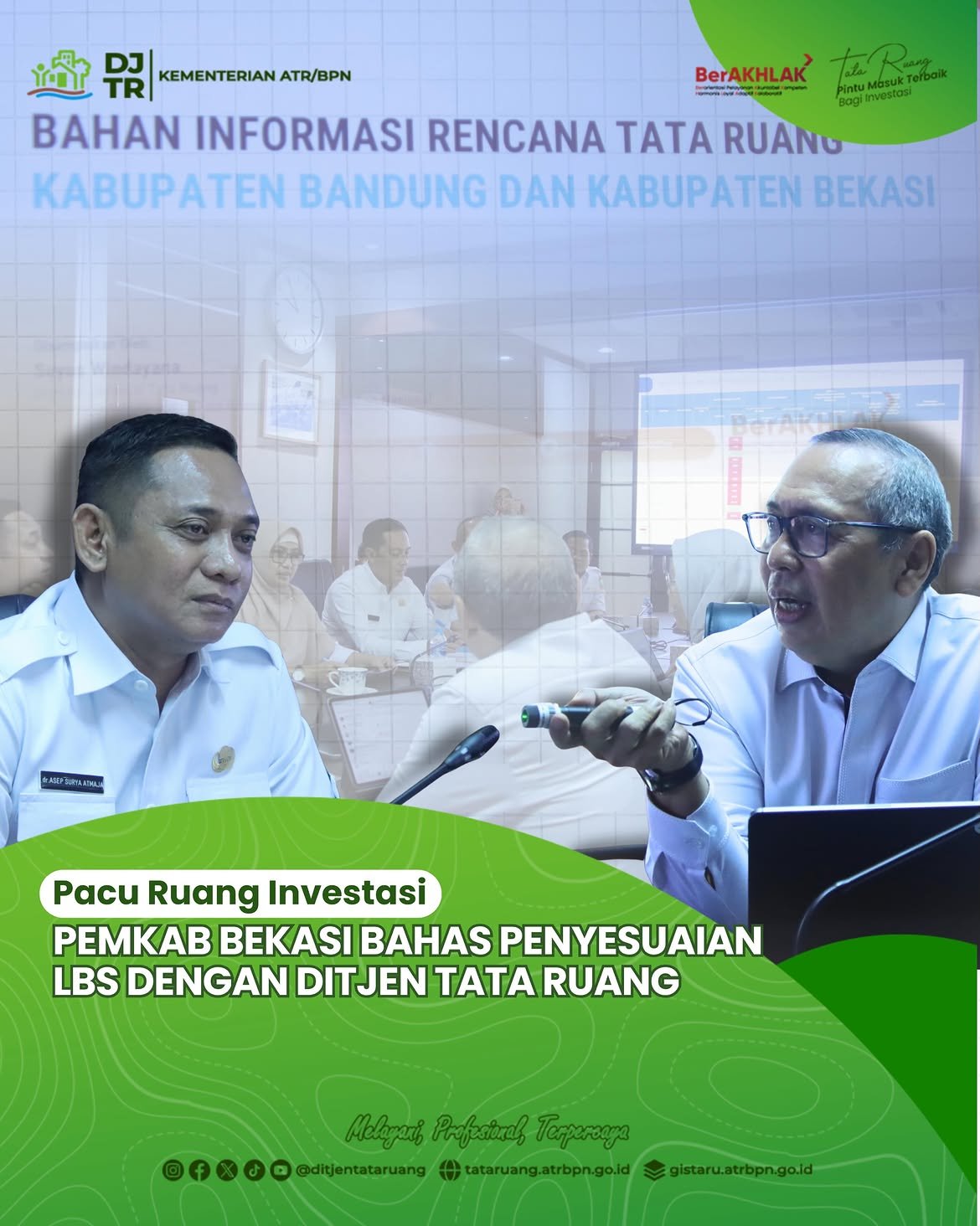 Direktorat Jenderal Tata Ruang Kementerian Agraria dan Tata Ruang/Badan Pertanahan Nasional (Kementerian ATR/BPN) menerima kunjungan kerja Pemerintah Kabupaten (Pemkab) Bekasi di Ruang Rapat Bromo, Gedung Direktorat Jenderal Tata Ruang, Jakarta