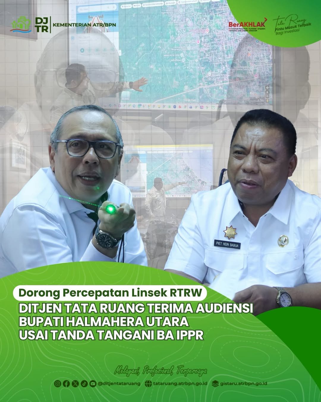 Pemerintah Kabupaten (Pemkab) Halmahera Utara terus mengakselerasi penyelesaian revisi Rencana Tata Ruang Wilayah (RTRW). Komitmen ini ditunjukkan melalui audiensi antara Bupati Halmahera Utara dengan Direktorat Jenderal (Ditjen) Tata Ruang Kementerian ATR/BPN di Jakarta