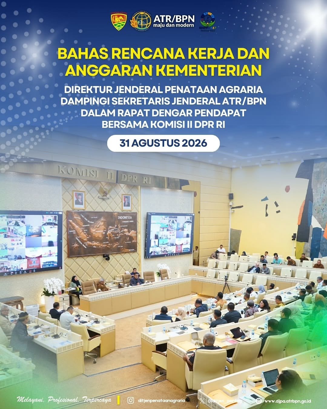 Direktur Jenderal Penataan Agraria, Embun Sari mendampingi Sekretaris Jenderal Kementerian Agraria dan Tata Ruang/Badan Pertanahan Nasional dalam Rapat Dengar Pendapat bersama Komisi II Dewan Perwakilan Rakyat Republik Indonesia, pada Senin (31/08/2026). Rapat ini dipimpin oleh Wakil Ketua Komisi II DPR RI, Dede Yusuf yang didampingi oleh Aria Bima.