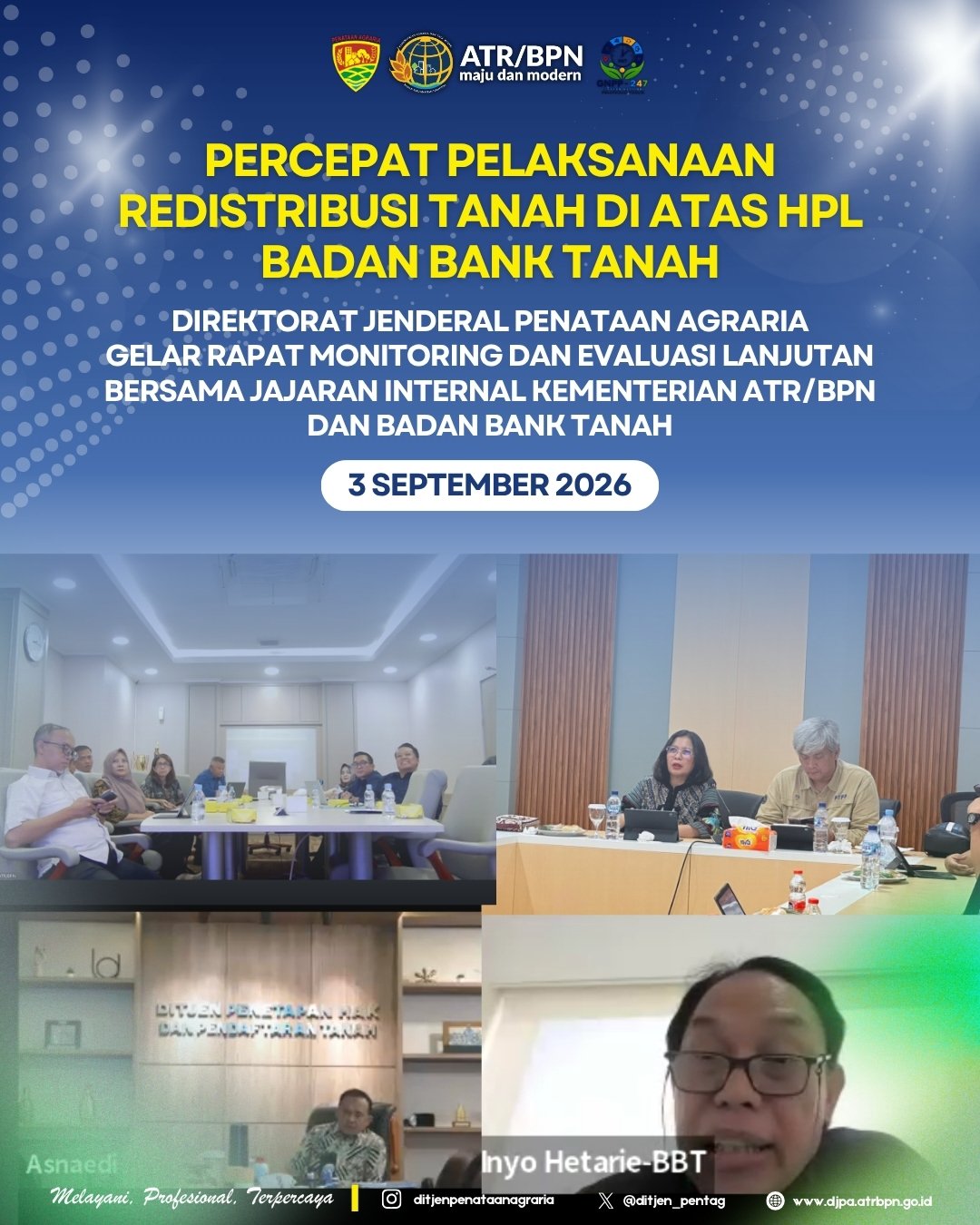 Dalam rangka mengakselerasi pelaksanaan Redistribusi Tanah di atas HPL Badan Bank Tanah, Direktorat Jenderal Penataan Agraria lanjut menggelar Rapat Monitoring dan Evaluasi Kegiatan Redistribusi Tanah Tahun 202