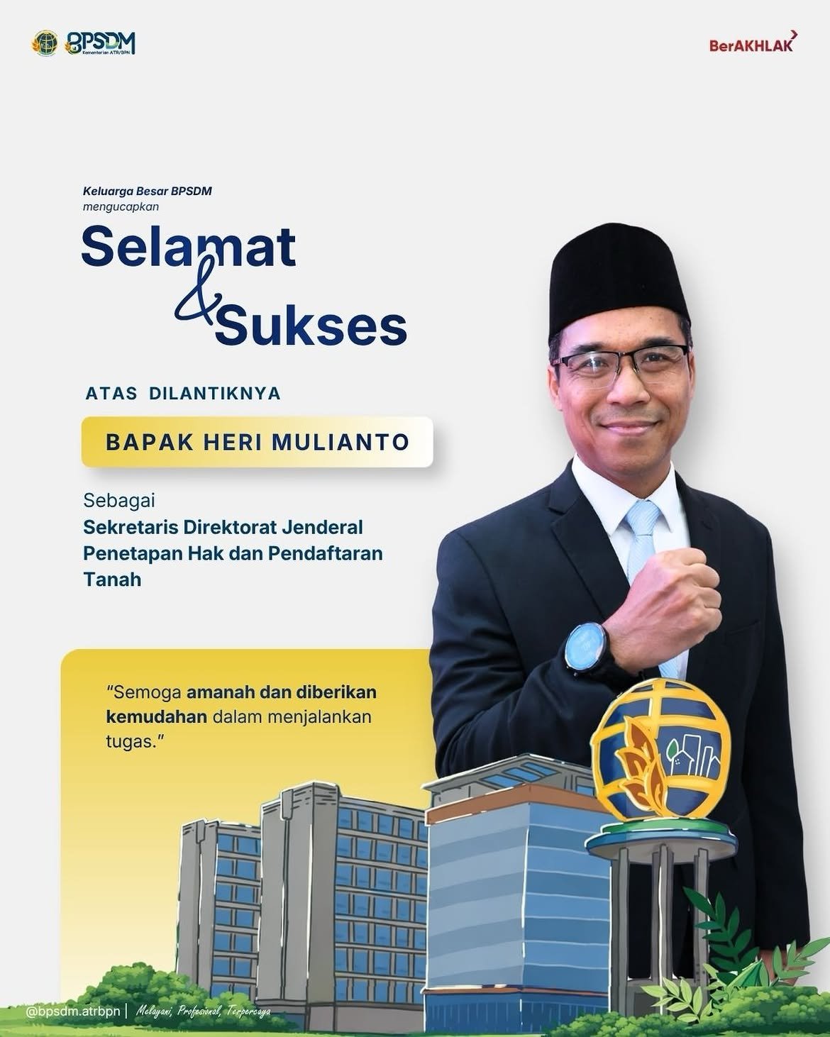 Hai#SobatBPSDMSegenap jajaran BPSDM Kementerian ATR/BPN mengucapkan “Selamat dan Sukses” kepada Bapak Heri Mulianto sebagai Sekretaris Direktorat Jenderal Penetapan Hak dan Pendaftaran Tanah Kementerian ATR/BPN.