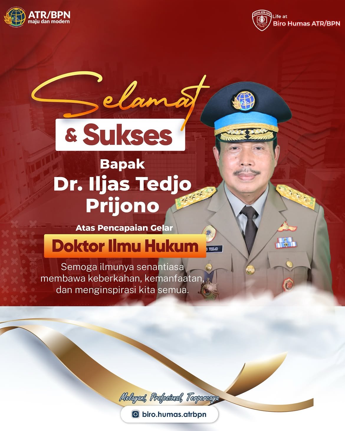 Segenap keluarga besar Biro Humas dan Protokol Kementerian ATR/BPN mengucapkan selamat dan sukses atas diraihnya gelar Doktor kepada Bapak Iljas Tedjo Prijono, Direktur Jenderal Penanganan Sengketa dan Konflik Pertanahan. 🎓