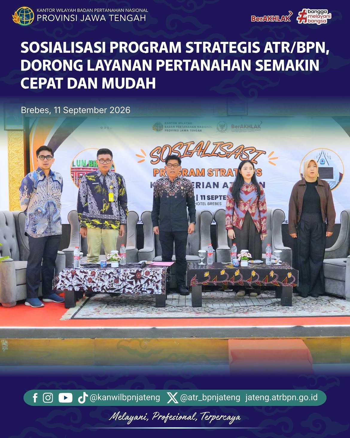 Kementerian Agraria dan Tata Ruang/Badan Pertanahan Nasional terus mendorong peningkatan kualitas pelayanan pertanahan melalui berbagai program strategis dan inovasi layanan. Hal tersebut disampaikan dalam kegiatan Sosialisasi Program Strategis Kementerian ATR/BPN yang digelar di Kabupaten Brebes
