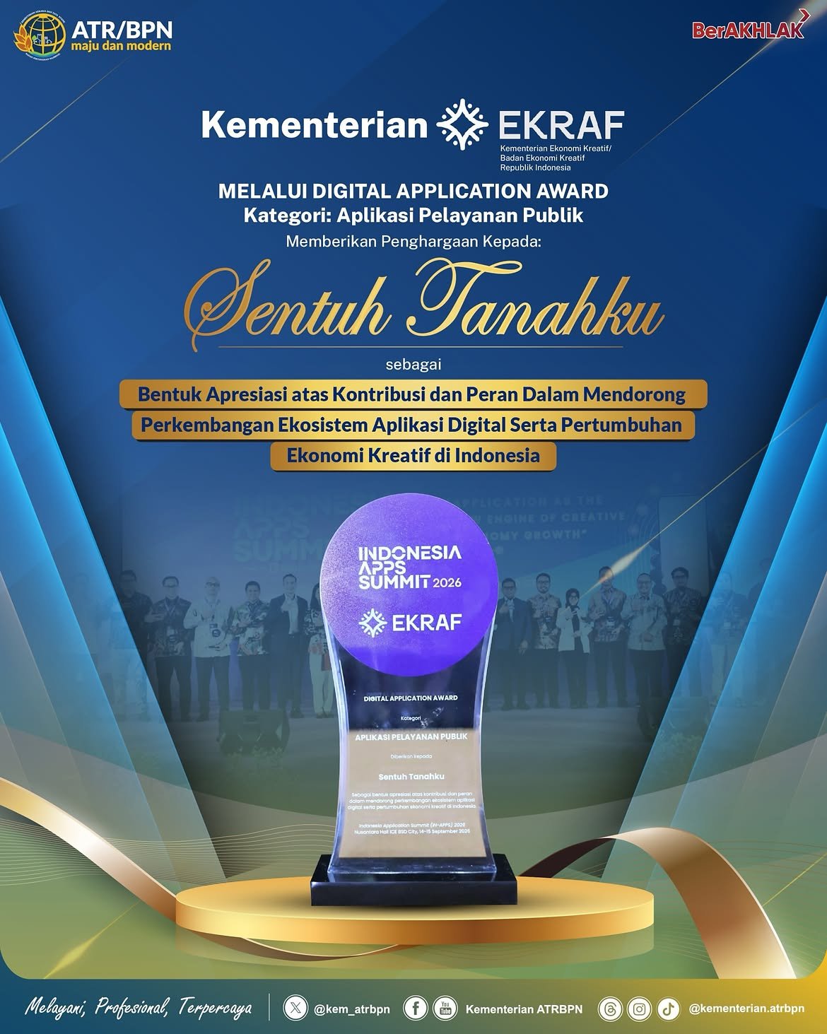 Halo #SobATRBPN, Sentuh Tanahku kembali mengukir prestasi! Kementerian ATR/BPN berhasil meraih penghargaan dari Kementerian Ekonomi Kreatif/Badan Ekonomi Kreatif RI dalam kategori Aplikasi Pelayanan Publik Terbaik.