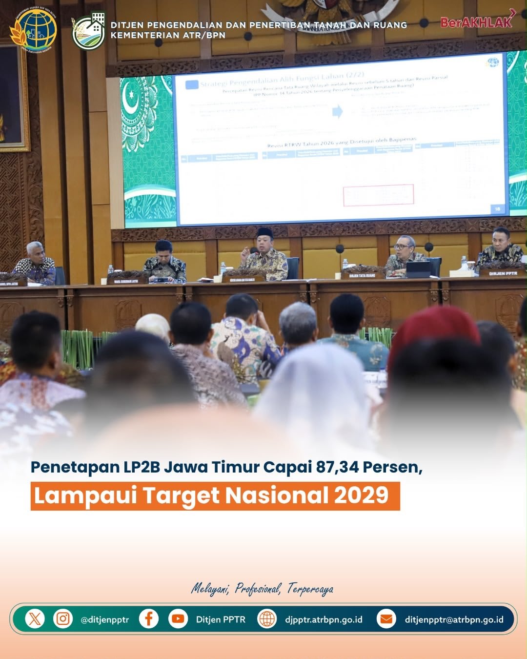 SobatPPTR, Penetapan Lahan Pertanian Pangan Berkelanjutan (LP2B) di Jawa Timur telah mencapai 87,34 persen dari Lahan Baku Sawah (LBS), melampaui target nasional 87 persen untuk 2029