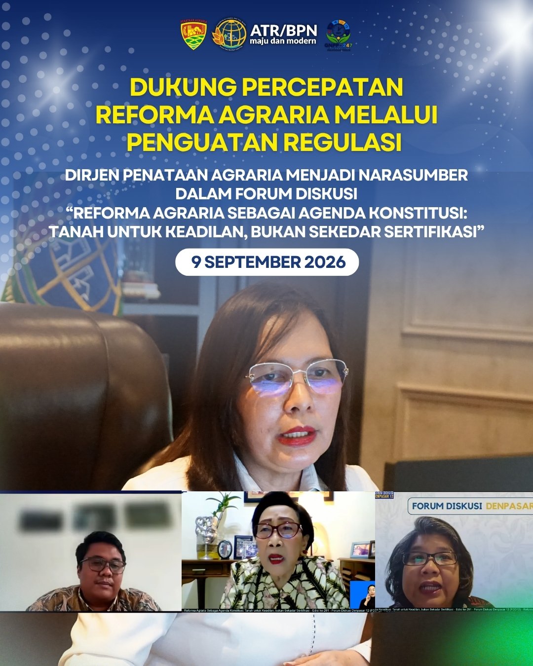 Direktur Jenderal Penataan Agraria, Embun Sari, menjadi narasumber dalam Forum Diskusi yang bertajuk “Reforma Agraria sebagai Agenda Konstitusi: Tanah untuk Keadilan, Bukan Sekadar Sertifikasi” yang diselenggarakan secara daring