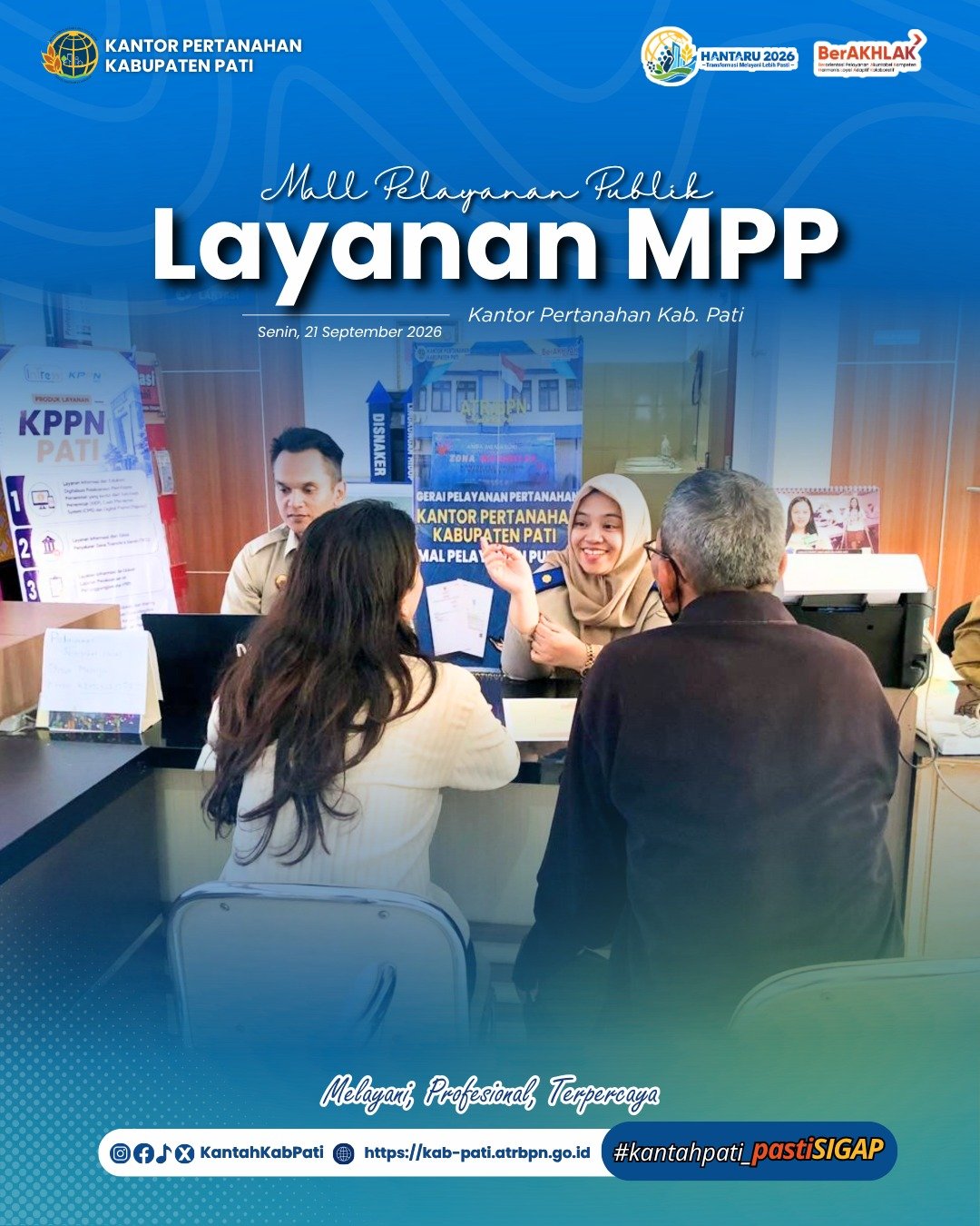 Kantor Pertanahan Kabupaten Pati terus berkomitmen meningkatkan kualitas pelayanan kepada masyarakat melalui penyediaan layanan pertanahan di Loket Mall Pelayanan Publik (MPP) Kabupaten Pati