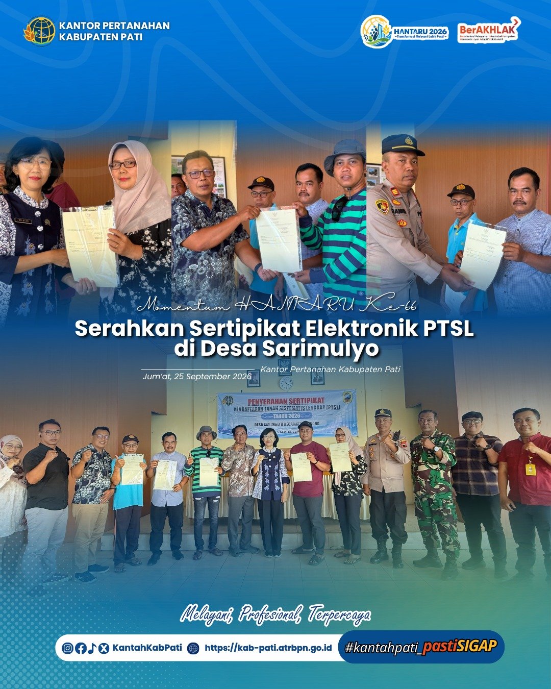 Peringati HANTARU ke-66, Kantor Pertanahan Kabupaten Pati Bagikan Sertipikat Elektronik PTSL di Desa Sarimulyo