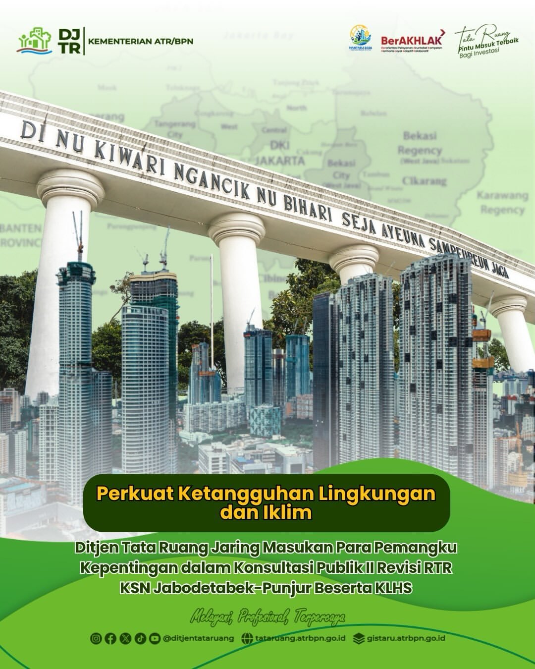 Direktorat Jenderal Tata Ruang Kementerian Agraria dan Tata Ruang/Badan Pertanahan Nasional (ATR/BPN) terus mematangkan rumusan revisi Rencana Tata Ruang Kawasan Strategis Nasional (RTR KSN) Kawasan Perkotaan Jabodetabek-Punjur beserta Dokumen Kajian Lingkungan Hidup Strategis (KLHS)