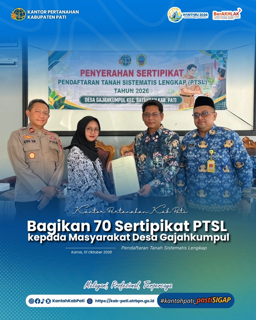 Kantor Pertanahan Kabupaten Pati Bagikan 70 Sertipikat PTSL kepada Masyarakat Desa Gajahkumpul