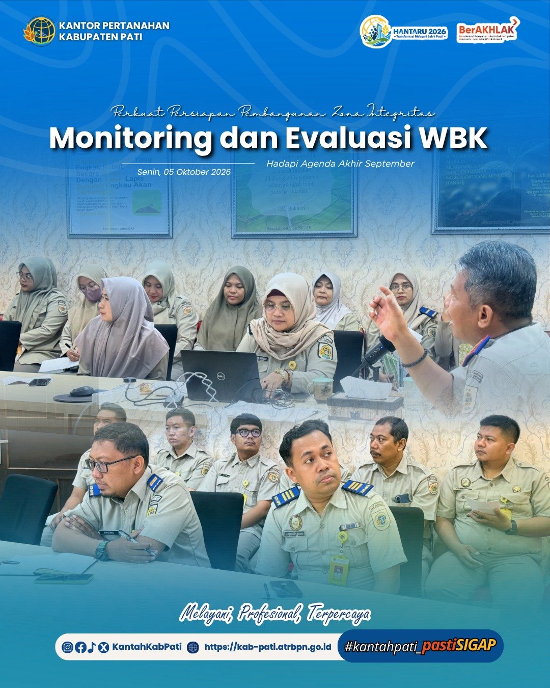 Kepala Kantor Pertanahan Kabupaten Pati, Winarto, memimpin rapat monitoring dan evaluasi pembangunan Zona Integritas (ZI)
