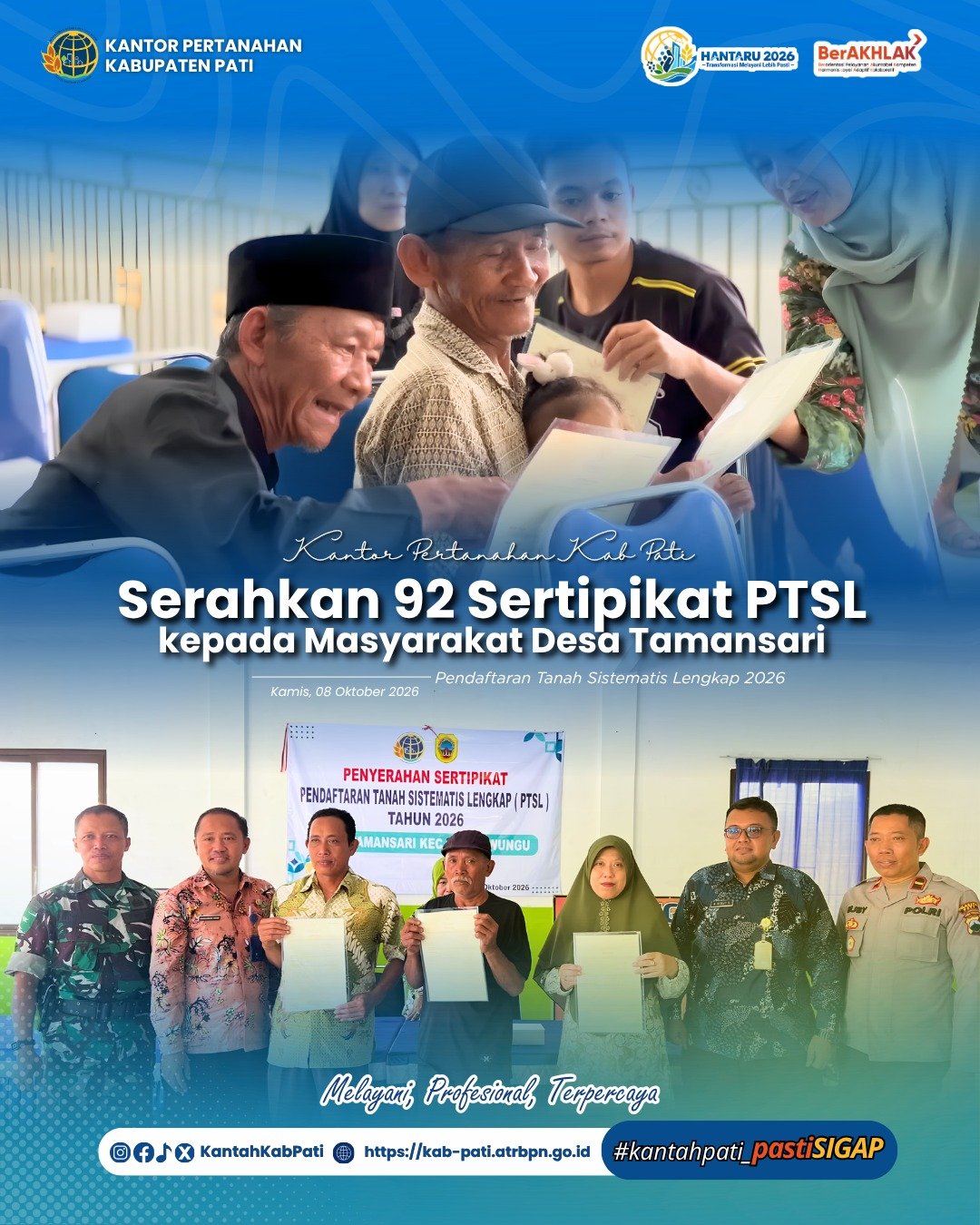 Kantor Pertanahan Kabupaten Pati Serahkan 92 Sertipikat Elektronik PTSL 2026 di Desa Tamansari