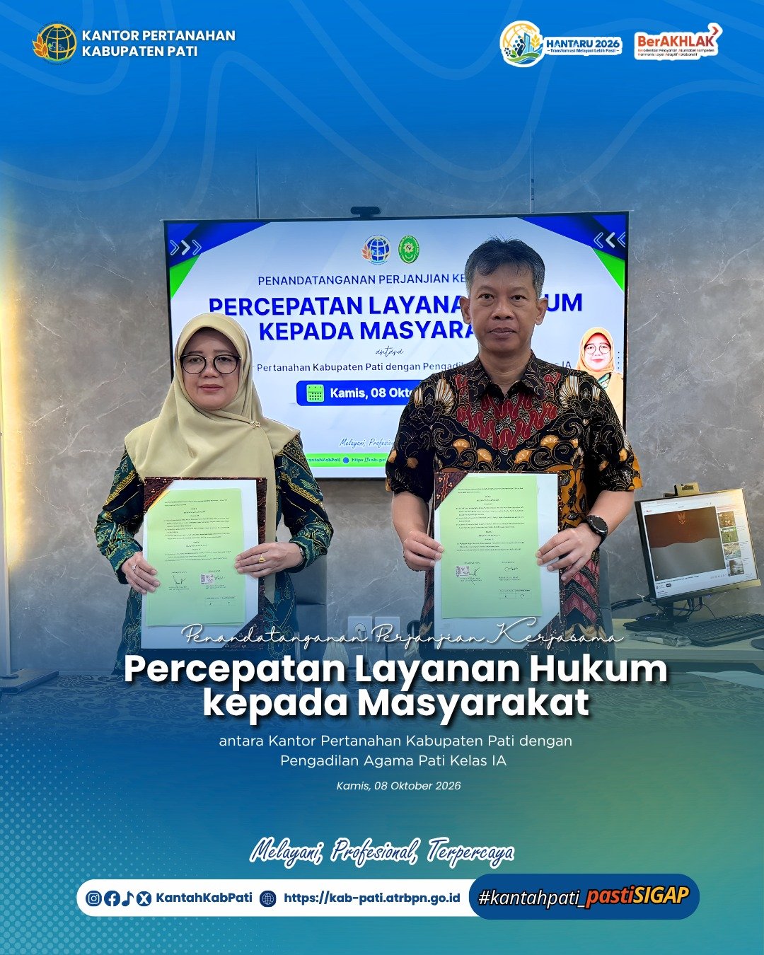 Kantor Pertanahan Kabupaten Pati dan Pengadilan Agama Pati Kelas IA Tandatangani Perjanjian Kerja Sama Percepatan Layanan Hukum kepada Masyarakat