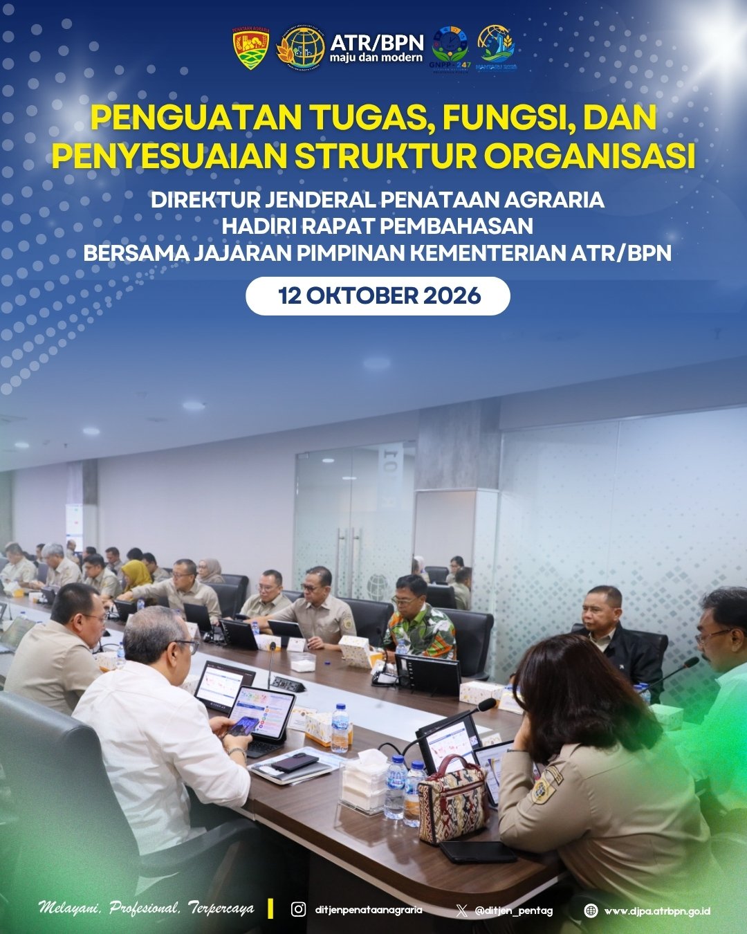 Menindaklanjuti disahkannya Undang-Undang Pengaturan Reforma Agraria, Direktur Jenderal Penataan Agraria beserta jajaran mengikuti rapat bersama jajaran pimpinan Kementerian Agraria dan Tata Ruang/Badan Pertanahan Nasional dalam rangka membahas tindak lanjut dari terbentuknya Badan Reforma Agraria Nasional