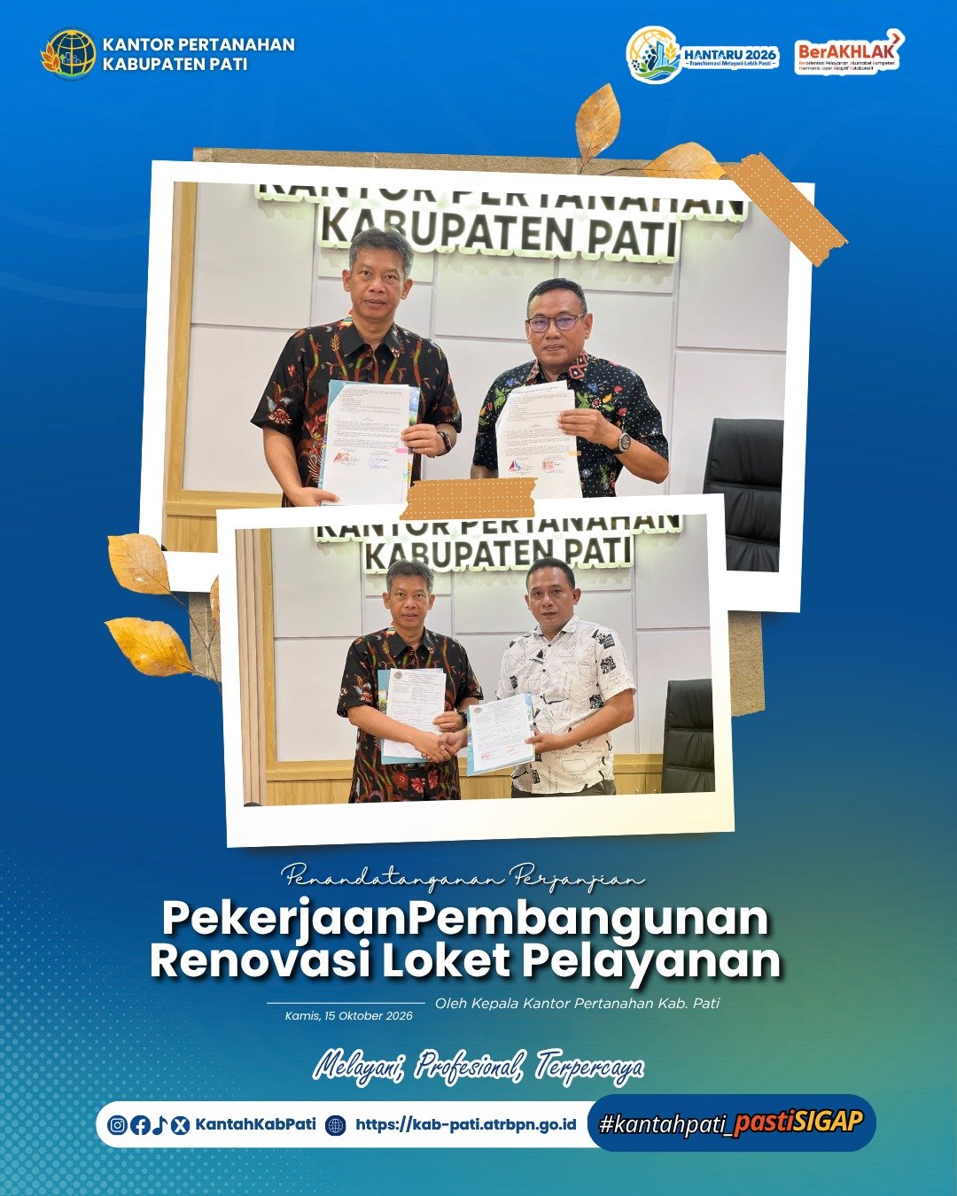 Kantor Pertanahan Kabupaten Pati Laksanakan Penandatanganan Perjanjian Pekerjaan Pembangunan/Renovasi Loket Pelayanan