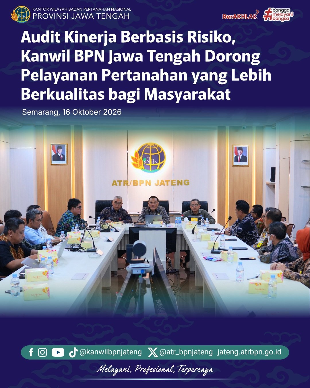 Kantor Wilayah Badan Pertanahan Nasional (BPN) Provinsi Jawa Tengah menerima kunjungan Inspektur Wilayah II, Tri Wibisono, dalam rangka kegiatan Audit Kinerja Berbasis Risiko di lingkungan Kanwil BPN Provinsi Jawa Tengah