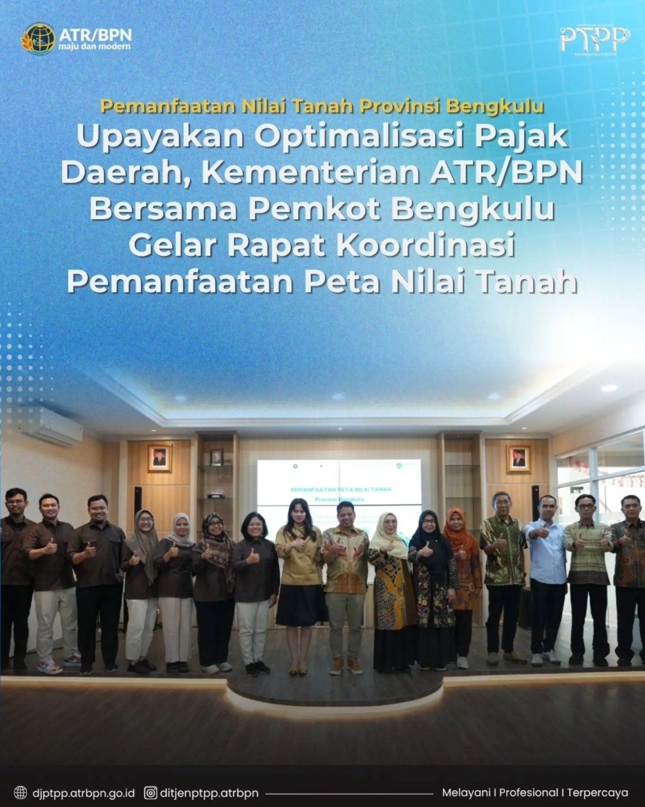 Pemerintah Kota Bengkulu melalui Badan Pendapatan Daerah (Bapenda) bersama Kantor Pertanahan (Kantah) Kota Bengkulu dan Direktorat Penilaian Tanah dan Ekonomi Pertanahan (PTEP) Kementerian ATR/BPN menggelar Rapat Koordinasi Pemanfaatan Peta Nilai Tanah di Provinsi Bengkulu